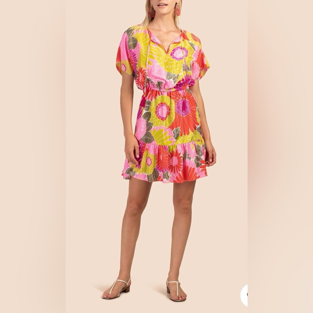 Trina Turk silk dress Mahalo mini floral pink ruffle tassels $378 XL - Picture 2 of 12